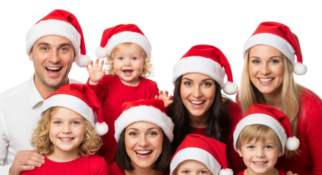 Happy family wearing santa hats and red shirts, smiling and waving