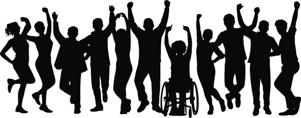 Diverse group of people celebrating together, inclusive community cheering in unity, joyful silhouettes expressing energy, happiness, freedom