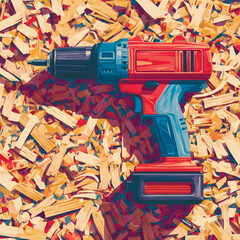 Detailed, colorful graphic illustration of a cordless electric drill lying flat against a textured, vibrant background of wood chips and sawdust. Vector illustration