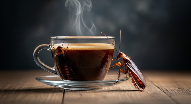 Startling coffee break with creepy crawlies, a cup of strong brew with unwanted guests for pest control ads and unsettling moments