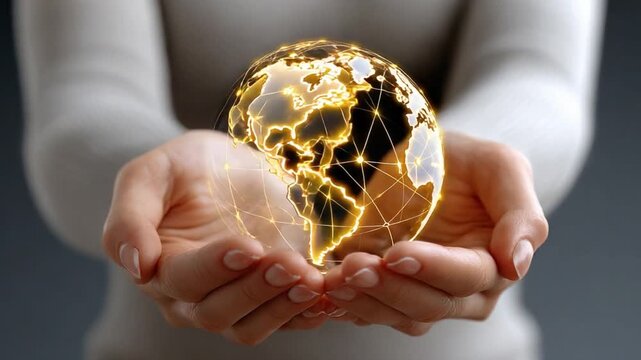 Global Preservation in Human Hands: A close-up view presents a person's hands delicately cradling a glowing globe, symbolizing the care and responsibility we have towards our planet.