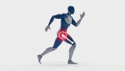 Running figure with highlighted hip and knee pain, indicating potential injury.