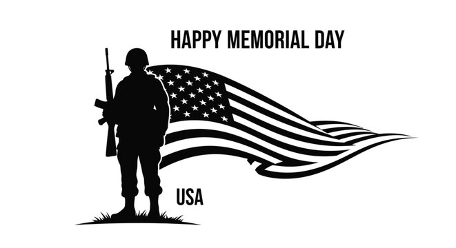 Silhouette of a soldier with an american flag honoring memorial day