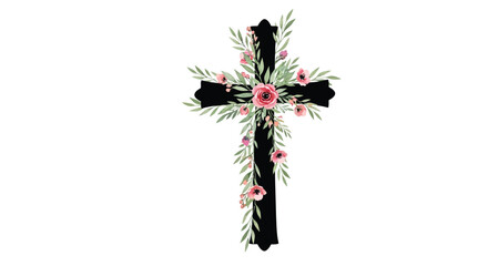 A decorative black cross adorned with pink flowers and green foliage