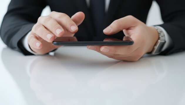 Close-up of a businessman using a smartphone at a desk, showcasing modern technology and professional lifestyle.