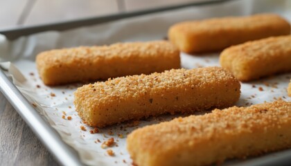 Crispy golden fish sticks on a baking sheet, ready to be served.