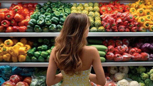 Fresh Produce Selection: A woman browsing the colorful display of fresh produce in the supermarket, she carefully inspects the selection, making a mindful choice for a healthy diet and lifestyle.