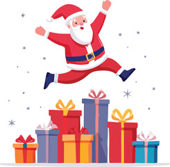 Dynamic Santa Claus Leaping Over Festive Christmas Gifts