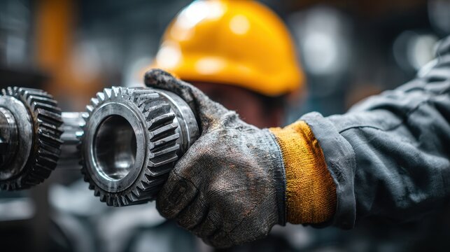 An industrial engineer in glasses and a hard hat closely connects two designed components showcasing precision in mechanical engineering