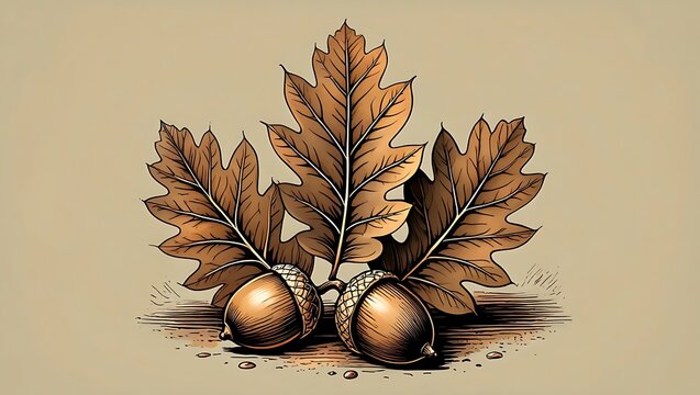 Vintage Oak Leaves and Acorns Illustration Autumn Nature Drawing