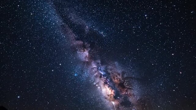 The night sky is filled with countless stars and a vibrant Milky Way stretching across the horizon beneath silhouetted mountains. The stars and Milky Way create a captivating celes