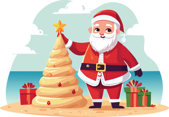 Santa Claus Decorating Sand Christmas Tree on a Sunny Beach