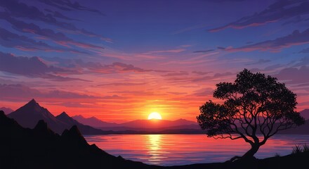 Silhouette tree by lake at sunset with colorful sky