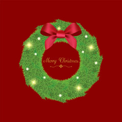 Realistic Christmas fir wreath with red bow and glowing lights on burgundy background. Square banner with text space inside wreath. Vector illustration