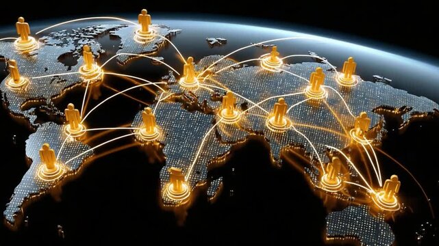 Global Network of Ideas: Illuminated nodes and interconnected lines symbolize a vibrant, global network of ideas and collaboration on a world map. It suggests connectivity, innovation.