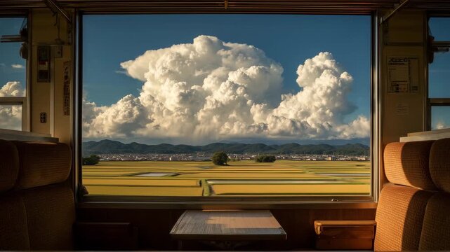 列車の窓に広がる入道雲と光の筋が田園を照らす夏の午後