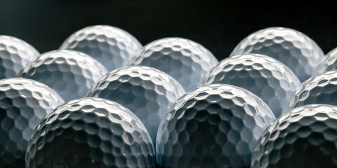 Many golf balls arranged in a dark setting