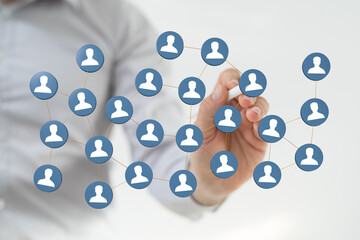 Abstract image of a network with person icons, symbolizing connection, teamwork, and social media.