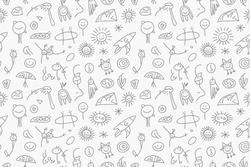 Obraz premium A whimsical collection of hand-drawn, doodle-style elements including fantastical creatures, rockets, suns, and abstract shapes creates a playful background pattern.