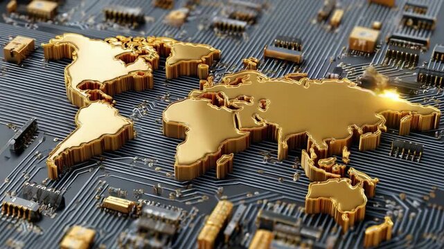 Golden World on Circuit Board: A detailed golden world map rests upon a complex circuit board, representing the global reach of technology.