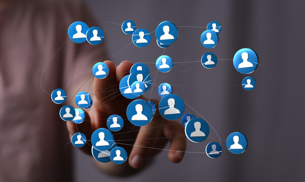 Abstract concept of online connection, social media, and communication. Hand holding digital connections, representing network and technology.