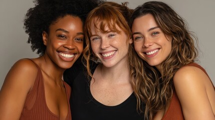 Joyful women of various skin tones posing in a studio Happy young women celebrating their natural beauty Portrait of three body positive friends