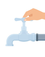 Hand closing water tap isolated on white background