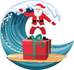 Jolly Santa Claus Surfing a Giant Christmas Gift Box on a Wave