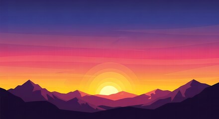 Minimalist sunset over mountain range with vibrant colors