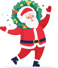 Joyful Santa Claus Dancing with Christmas Wreath - Flat Vector Illustration