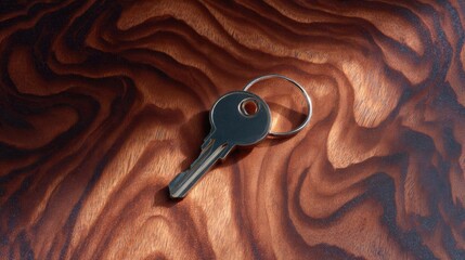 Key lying on a wooden surface. the key is black and appears to be made of metal. it is attached to a silver ring with a small hole in the center. the wood has a textured surface with a zigzag pattern.
