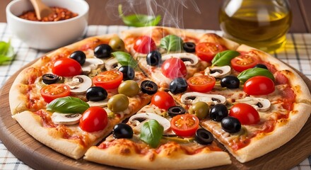 Delicious baked pizza with fresh tomato slices, black olives, mushrooms, and basil leaves, presented on a wooden board