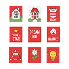 red motivational poster set with simple outline illustration and inspiring text