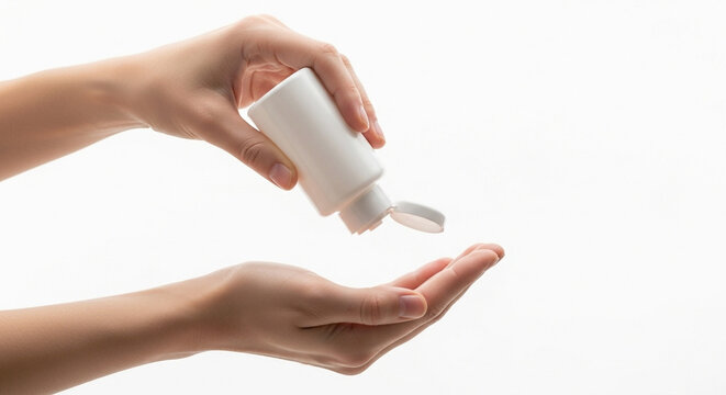 Person squeezing liquid hand sanitizer from a white bottle onto an open palm hands hygiene isolated on a transparent background