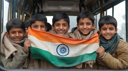 Group of kids waving the Indian national flag, proud and enthusiastic
