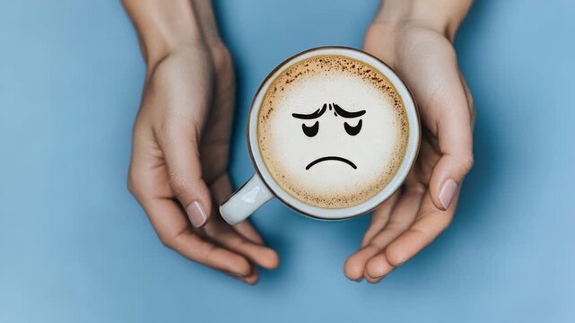 A cup of coffee with a sad face drawn on it, often used in editorial and commercial content to represent disappointment or frustration