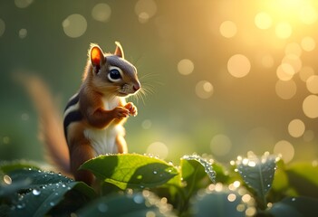 Cute chipmunk in dewy green grass with sunlight bokeh