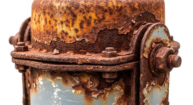 酸化した金属部品が強く印象的なアップ写真、背景は白でコントラストを強調