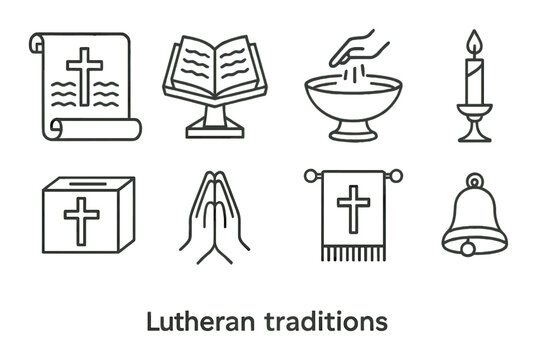 Lutheran traditions symbols: scroll, bible, baptism, communion, almsgiving, prayer, worship