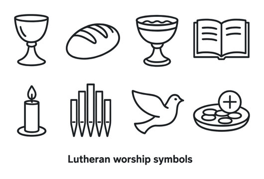 Lutheran worship symbols: chalice, bread, baptismal font, bible, candle, organ, dove, communion