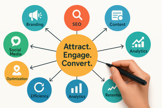 Attract, engage, and convert are essential strategies digital marketing. This diagram illustrates interconnected elements like SEO, content, and analytics that drive successful branding and social