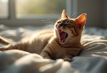 Cozy morning stretch: A tabby cat's wide, sleepy yawn