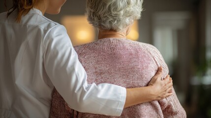 Young caregiver in a white coat helps an elderly woman walk embodying homecare nursing and physiotherapy support