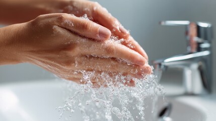 Woman washing her face in the bathroom for beauty and skincare as part of her morning routine