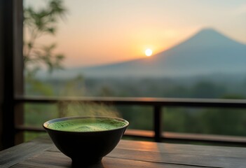 Steaming matcha tea with a view of a misty mountain sunrise.
