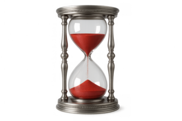 Hourglass with red sand measuring passing time, a classic sandglass timer with antique metal finish, transparent background