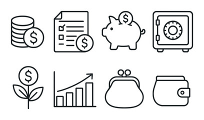 Financial icons: money, document, piggy bank, safe, growth graph