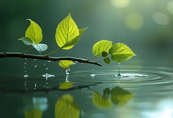 Water droplets falling from vibrant green leaves branch