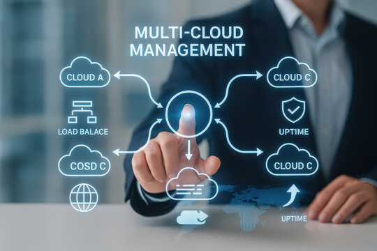 Multi cloud management involves integration of various cloud services, ensuring optimal performance and uptime. This visual representation highlights interconnectedness of different cloud