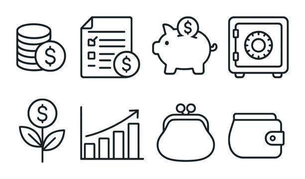 Financial icons: money, document, piggy bank, safe, growth graph